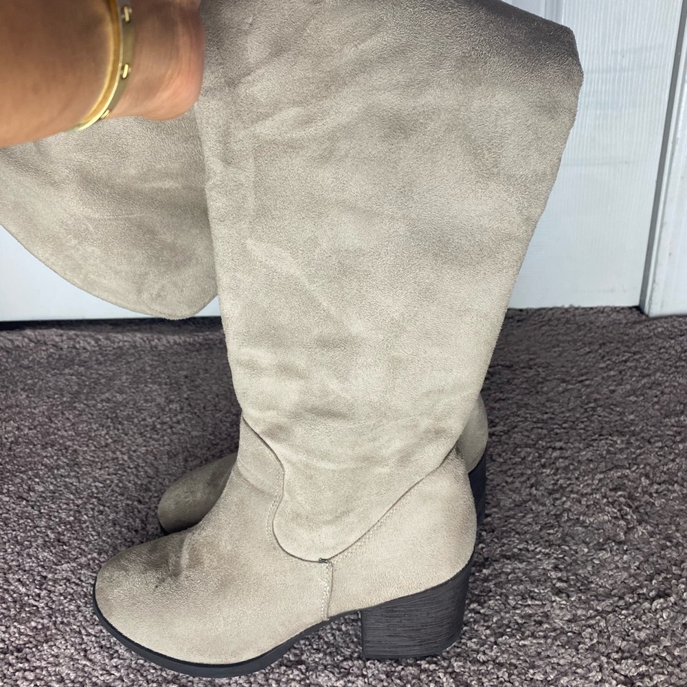 Grey knee high boots